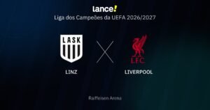Arte de LASK x Liverpool pela Champions League, com horário do jogo em Linz